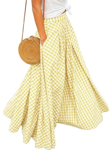 Générique Jupe Longue à Carreaux pour Femme – Taille Haute, Coupe trapèze, Motif Vichy, plissée et évasée – Style décontracté pour l'été et Les Vacances à la Plage (Collection 2026)