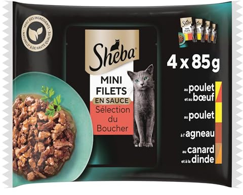 SHEBA Mini Filets Sélection du Boucher, Sachet Chat en Sauce, Lot de 52 Sachets Fraîcheur (13 Packs de 4 x 85 g), 4 Variétés, Nourriture Humide pour Chat Adulte, Repas Chat Complet et Équilibré
