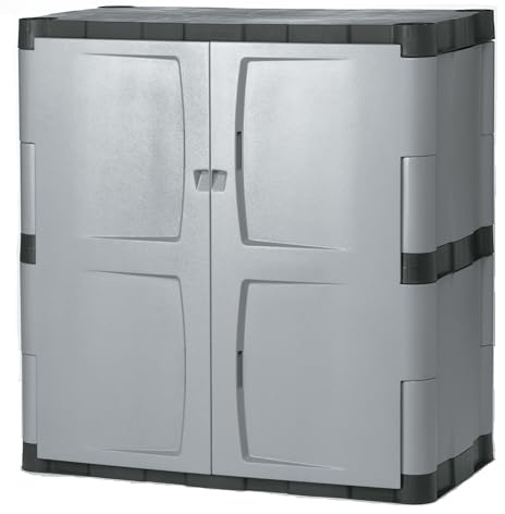 Rubbermaid Freestanding Storage Cabinet with Doors 18D x 36W x 37H Medium Gray/Black Two-Shelf Lockable Cabinet for Indoor/Outdoor/Garage Storage for Garden Tools/Lawn Care Accessories