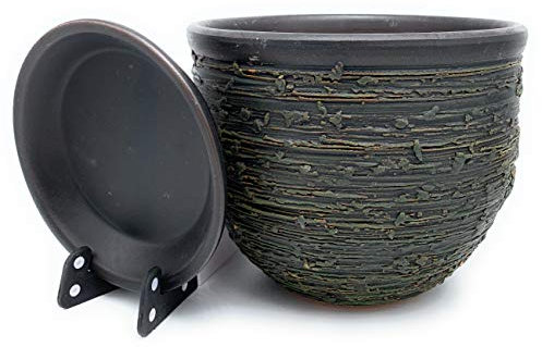 Sun Cakes Pot de Fleurs en céramique émaillée avec Soucoupe Ronde en Terre Cuite avec bac d'égouttement Couleur Argile 16 x 12 cm Noir/Vert