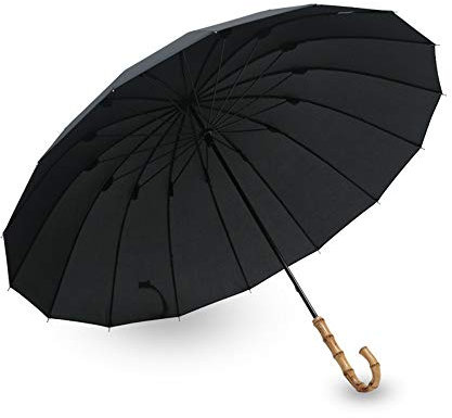 Parapluie Droit Parapluie Frais Manche Long Parapluie Couleur Solide Dame Parapluie Bambou Plaine Tige Droite 16 os, Noir