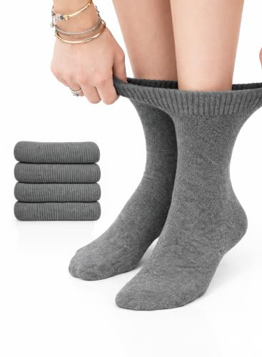 Hugh Ugoli Calcetines Tobilleros Mujer Diabéticas, 4 Pares, Calcetines de Bambú Suaves y Finos, Holgados para Tobillos Hinchados, Cintura sin Presión y Punta Sin Costura, Gris mélange, Talla: 36-39