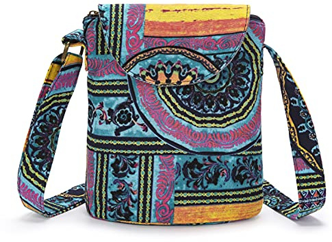 OPQRSTU Women's Retro Small Size Canvas Shoulder Bag Hippie Boho Crossbody Handbag, Green-purple, S