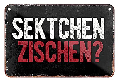 Sektchen Zischen Schild - lustiges Sekt Blechschild - witziges Retro Deko Metallschild mit Kordel und Saugnapf - Dekoration Partykeller Bar Partyraum Kellerbar - Geschenk Sekt Liebhaberin - 18x12cm