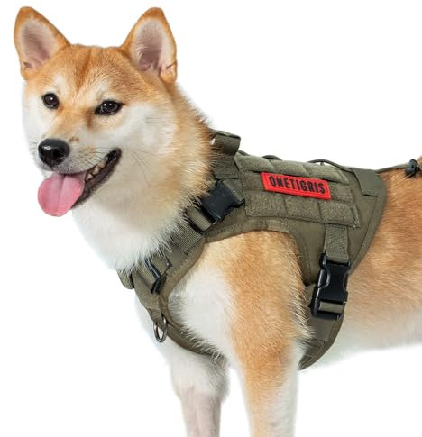 OneTigris Upgraded Fire Watcher 2.0 mit Strapazierfähiger Metallschnalle, Taktische Hundegeschirr mit Griff, No Pull Geschirr Grosse Hunde mit MOLLE-Klettsystem - Grün M