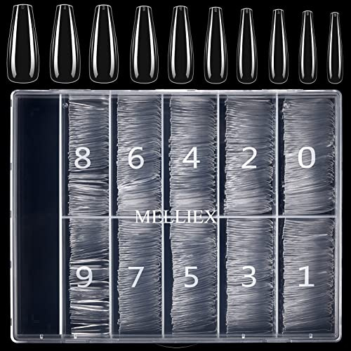 MELLIEX 500 Stück Falsche Nail Tips, Klar Künstliche Acryl Nageltips Ballerina Vollständige Abdeckung Coffin Nägel Tipps für Damen