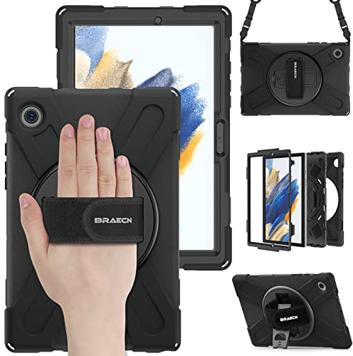 BRAECN für Galaxy Tab A8 Hülle - Samsung Galaxy Tab A8 10.5 2021 Schwarz | Stoßfeste Schutzhülle, 360° Drehbarer Ständer, mit Handgurt und Schultergurt, umhängen, Robuste, kantenschutz, Arbeit/Outdoor