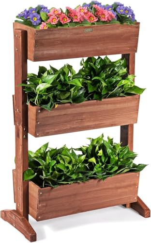 RELAX4LIFE Huerto Urbano de Madera de Abeto con 3 Macetas, Jardinera Vertical con Inclinación Ajustable y 2 Agujeros de Drenaje para Verduras, Flores, Frutas, Hierbas, Soporte Plantas, 71x38x105cm