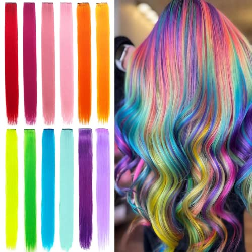 Lot de 12 extensions de cheveux colorées avec clip, 55 cm, synthétiques, résistantes à la chaleur, pour cheveux lisses et longs, pour enfants, filles, femmes