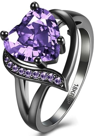 QOBEBOTA Promise Rings for Her Black Engagement Rings Purple Amethyst Heart Zircon Gothic Rings Halloween Jewelry Women's Chunky Size 6 Birthstone Rings Love Gifts Statement Rings for Women