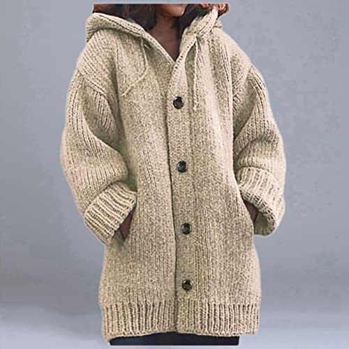 Women'S Hooded Knit Sweater - Autumn And Winter Women'S Knitted Sweater, Thick Long Sleeve Button Cardigan Jacket, Loose Khaki Large Pocket, Casual Outdoor Christmas New Year Gift,Khaki,3Xl