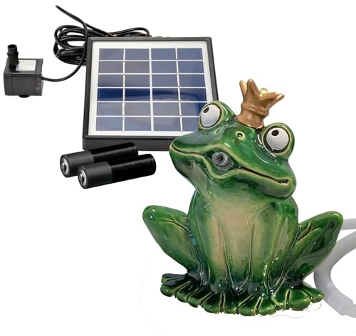 Storm's Gartenzaubereien Wasserspeier Frosch mit Akku Solarpumpe 16cm aus Keramik Laufzeit ohne Sonne 4-5 Stunden