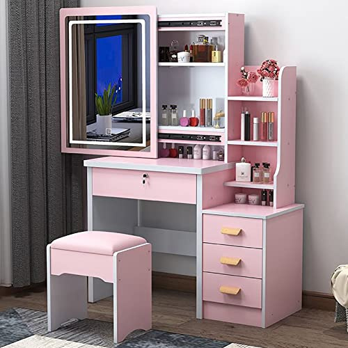 Set Da Trucco Tavolo Da Toeletta Per Trucco Con Specchio Scorrevole Illuminato, 3 Colori Luminosità Regolabile Con Tocco, Toeletta Da Scrivania Per Trucco Con Ripiani Nascosti E Sgabello Imbottito ( C