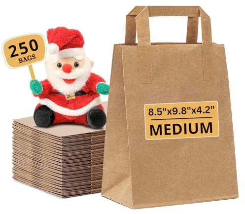 Paper Bags with Handles - 250 Medium Brown Paper Bags (W8.6 x H10 x D4.3) SOS Kraft Bags - Perfect for Lunch, Party, Gift, Storage, Packaging, Grocery, Takeaway, Shopping, Sandwich
