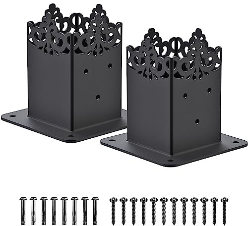 Insaga 2 Pack Fence Post Brackets, Inner Size 91 x 91mm Pergola Post Support Heavy Duty Steel Deck Post Anchor Base Bolt Down Wood Post Supports for Porch Raing/Outdoor Pavilion, Vintage Style