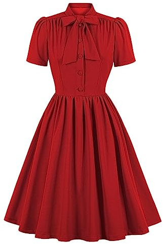 Donna Anni '50 Abito da Cocktail retrò Vintage Manica Corta A Pois Rockabilly Swing Vestito Elegante Abito da Sposa Sera Vestito al Ginocchio Pieghe Gonna Rosso S