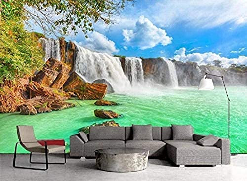 Efecto Bosque Blanco Cielo Azul Nublado Cascada Mural 3D Papel tapiz Decoración Papel tapiz para habitación De Decoración Fotomural Sala De Estar Pared Pintado Papel Tapiz No Tejido-430cm×300cm