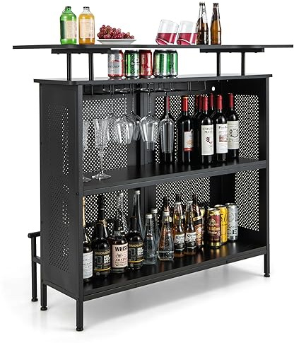 COSTWAY Mesa de Bar, Armario de Metal con 2 Estantes para Vino y 6 Soportes para Copas, Reposapiés y 7 Patas Ajustables, Mesa de Bar de Metal Industrial para Cocina Pub,120x50x106,5 cm (Rectangular)