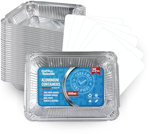 Espirito Rebelde 25 Barquettes en Aluminium 1000 ml avec Couvercles | Moules Jetables a Emporter | Emballage Alimentaire pour Barbecues, Congélation