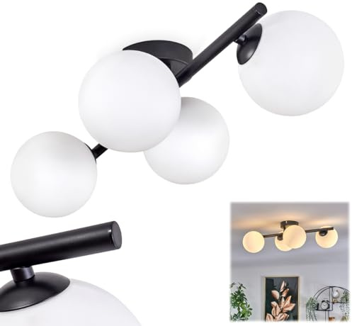 HOFSTEIN Deckenleuchte Chehalis, 4-flammige Deckenlampe aus Metall/Michlglas in Schwarz/Weiß, moderne Leuchte im Retro/Vintage-Design, Ø Schirme 12 cm, G9, Esszimmer, Schlafzimmer, Wohnzimmer, Küche