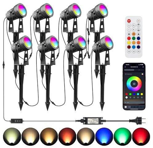 8 Garden Light LED Garden Spotlight RGBW 24V 24W Waterproof with APP Timer Remote Control, Bluetooth LED Lighting Warm White with Ground Point Garden Lamp for Garden Grass Tree Outdoor