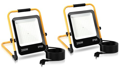 Tubiaz 2x200W LED Baustrahler, Baulampe 16000LM Baustellen Strahler 6000K Kaltweiß, Tragbar Bauscheinwerfer IP66 Wasserdicht mit 3M Kabel und Faltbarer Ständer, für Werkstatt oder Baustelle