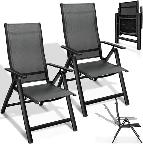 tillvex® Gartenstuhl Hochlehner 2er Set klappbar mit Armlehnen Wetterfest | Klappstuhl 7-fach Verstellbar | Campingstuhl Klappbar & Atmungsaktiv | Gartenstühle Balkon Terrasse Aluminium