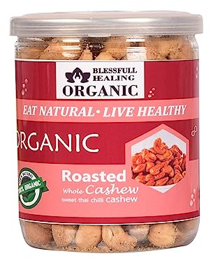 Blessfull Healing Organic Natural, Vegan Sweet Thai Chilli Roasted Whole Cashew Nuts Crunchy Kaju 300 Gram
