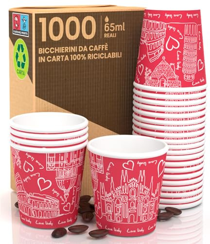 1000 Bicchierini in Carta da Caffè 65ml Italy Red Biodegradabili Monouso | Bicchieri Ecologici Piccoli per Asporto Bevande Calde e Fredde