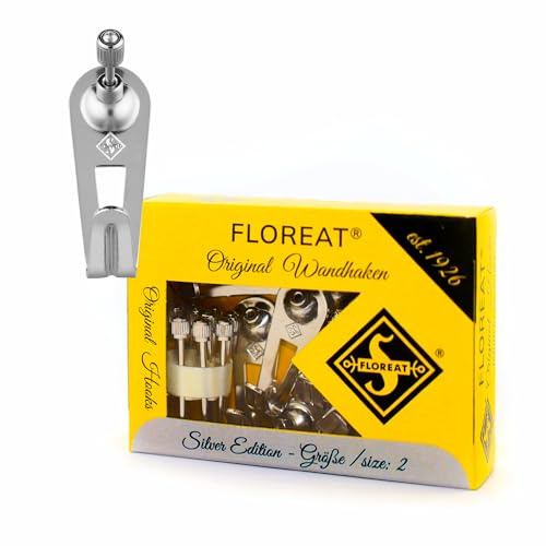 Floreat® Größe 2 - Silver Edition | stilvoller, universeller Haken, Aufhänger, Kleider- und Bilderhaken - Deutsche Qualität für stilvolle Wände | 8 Original Wandhaken inkl. 9 Zylinderkopfnägel