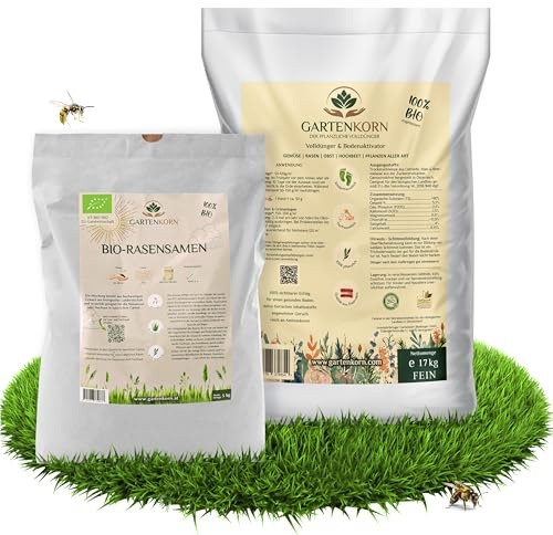 Gartenkorn Bio Rasen Set mit Dünger & Rasensamen für 120m² - Grassamen mit Langzeit Volldünger & Bodenaktivator für Lücken & Rasen Nachsaat, organisch & vegan, unbedenklich für Kinder und Haustiere