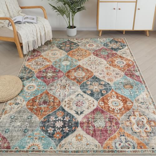 Xfrog Moroccan Small Area Rug, 80x150cm Washable Living Room Rug Ultra-Thin Rug for Entryway Non-Slip Stain Resistant Cream Carpet for Bathroom Laundry Bedroom Kids Room