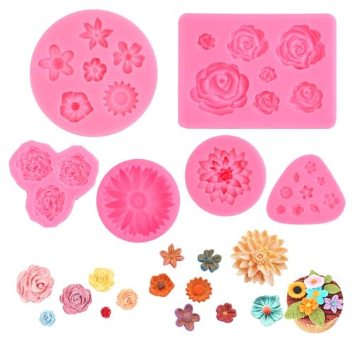 ZUYIST 6 Stück Silikonform Blumen Backen, 3D Fondant Silikonformen Backen, Mini Seifenformen Silikon, Silikonformen Blumen für DIY, Silikonform Rose für Seife Kuchen Fudge Schokolade Pralinen