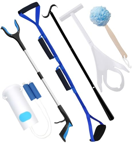 6-Piece Hip Kit, Hip Replacement Kit After Surgery Recovery, Hip Kit for Total Hip Replacement Prime for Seniors with Grabber Tool,Leg Lifter,Sock Aid,Sock Remover,Shoehorn&Dressing Stick,Bath Loofah