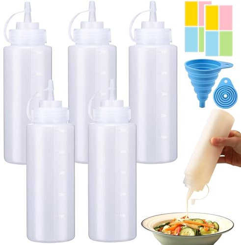 Maridergo 5 Pcs 500ML Squeeze Condiment Bottles with Caps, 16oz Reusable Squeezy Sauce Bottles for Ketchup, BBQ, Paint and Olive Oil (Come with Sticker Lable)