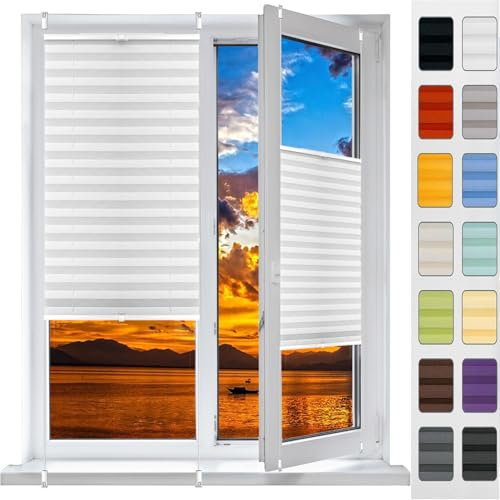 Plisseerollo Fensterrollo Faltrollo Jalousie 64 x 150 cm, Klemmträger Befestigung Klemmträger, Plissee Thermo Verdunklungsplissee, Thermo Plissee Ohne Bohren, für Fenster & Tür, Weiß