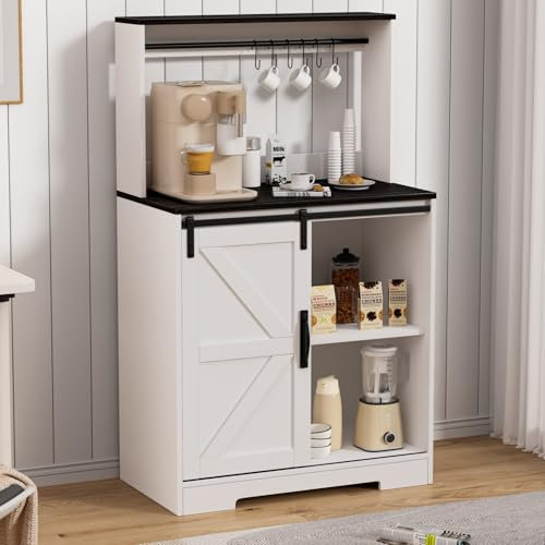 Saterkali Armoire de Bar à Café, Buffet de 127 cm Style Rustique Avec Porte Coulissante de Grange, Pour Salle à Manger, Cuisine, Couloir et Salon, Blanc