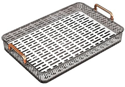 Qukaim Bandeja de Plástico Rectangular con Drenaje Incorporado, Bandeja de Té con Asas, Bandeja de Servicio Antideslizante para Fiestas, Mesa de Café, Cocina, Grande, Gris