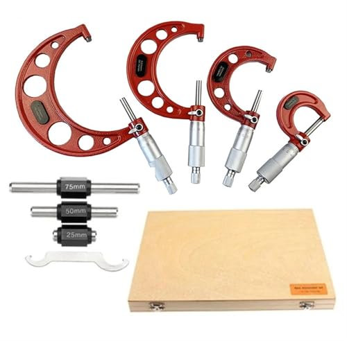 LHSJYG Bügelmessschraube 0–25 mm-50 mm-75 mm-100 mm Außenmikrometer-Satz mit Standards-Ratschenanschlag, 0–100 mm Bereich, 0,01 mm Teilung (4-teiliger Satz)