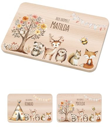 Bärenfreunde - Individuelles Holzbrett mit hochwertigem Spezial-Druck für Kinder - Personalisiertes Frühstücksbrettchen - Niedliche Motiv-Brettchen mit Namen (Blumenbaum Tiere)