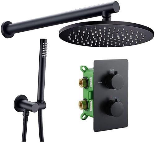 GMWARDDF Thermostatic Shower Faucet Set Matt Black Solid Brass Shower System Set Valve Concealed Thermostat Trim with Two Way Control Kit Rain Shower with Shower Head and Shower Hose,10 inc