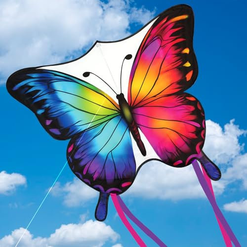 Schmetterling Drachen Kinder & Erwachsene, Einleiner-Flugdrachen für Kinder ab 3 Jahren - 84 * 70cm - inkl. 100m Drachenschnur und Streifenschwänze, Drachen & Flugspielzeug für Frühling & Herbst