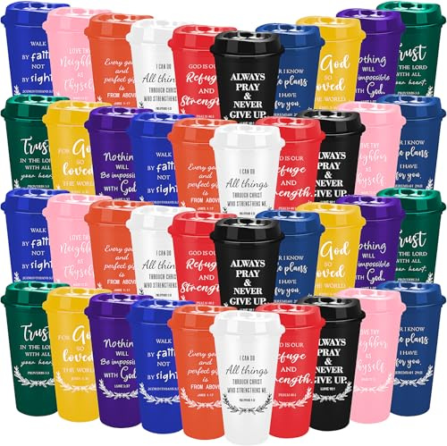 OJMHD Lot de 40 tasses à café chrétiennes en plastique avec couvercles, 470 ml, réutilisables pour appréciation des employés, verset de la Bible, gobelets à café colorés pour femmes et hommes, cadeaux