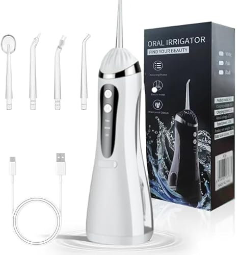 Water Flosser for Teeth Cleaning & Whitening Rechargeable - IPX7 Waterproof, Portable, USB Type-C Charging, 300ml Tank, 5 Pressure Levels, 4 Rotating Nozzles for Dental Hygiene (White W)