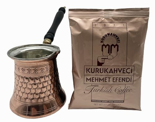 Cezvex - Caffettiera turca Ephesos Cezve in rame, fatta a mano fino a 6 tazze, caffè Mehmet Efendi gratuito, 100 g