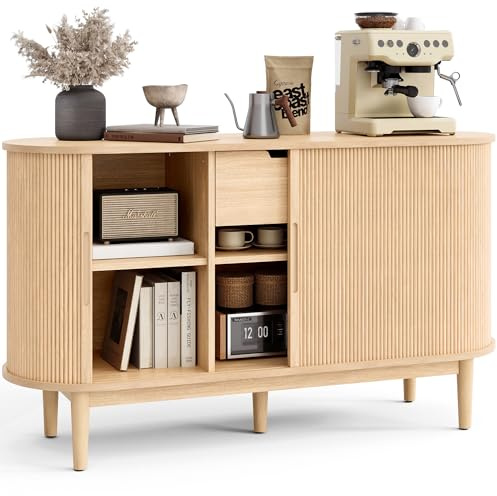 LINSY HOME Sideboard Buffet Cabinet with Storage, 55 Fluted Coffee Bar Cabinet with Tambour Sliding Doors and Drawer, Mid Century Modern Wood Storage Buffet Table for Kitchen, Living Room, Oak