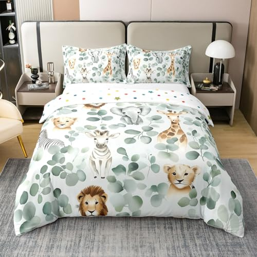 Coton Girafe Literie Set,Zèbre Housse de Couette,Lion Parure de Lit,Plantes Linge de Lit,Animaux Sauvages Couvre Lit pour la Décor de la Chambre,220x240,2 Taies d'oreiller,Jaune