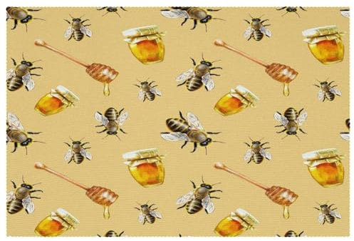 Lot de 4 sets de table en tissu Oxford résistant à la chaleur et lavables, facile à nettoyer avec motif abeilles et pots de miel