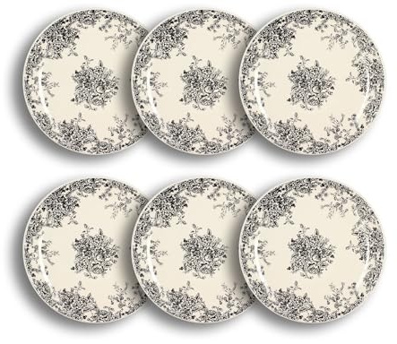 NOVASTYL - Lot 6 assiettes plates florali 26cm en grès décor noir - 2614805