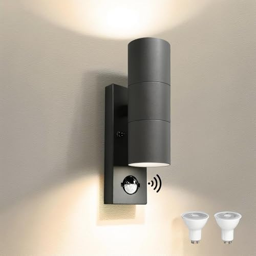 JNR Edelstahl Außenlampe mit Bewegungsmelder, Aussenlampe Anthrazit Grau | Einstellbarer PIR Bewegungsmelder Dämmerungssensor, IP54 Wasserdichte 230V Wandleuchte, 2x5W GU10 3000K LED Glühbirne